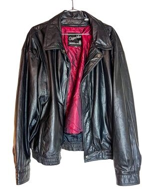 Vintage Black Leather Bomber Jacket Men's Full Zip Moto Boxy Cut XL Vtg Zipper